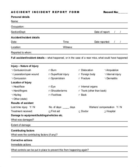 Sample incident/accident report form in Word and Pdf formats