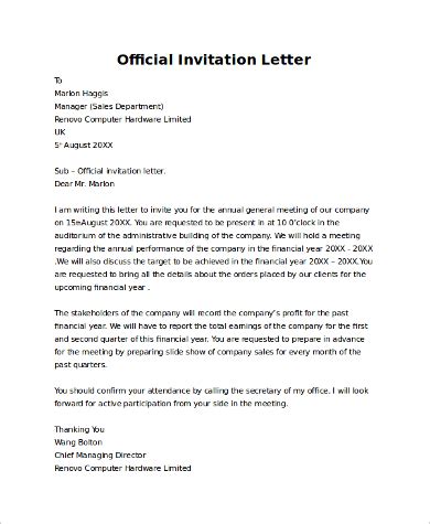 Sample invitation letter to government official pdf.  A formal invitatio...