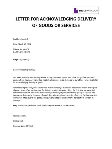 Sample letter for acknowledging delivery of goods or services.  Acknowledgm...