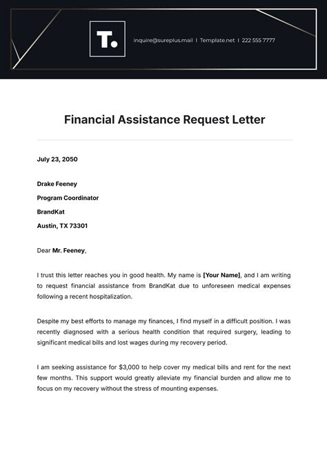 Sample letter requesting financial assistance from government.  Dear [Recip...