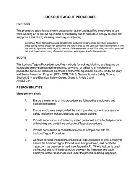 Sample lockout/tagout procedure form in Word and Pdf formats page 5 of 13