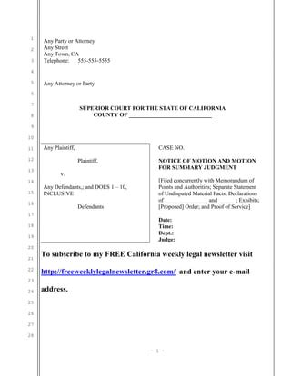 Sample motion for summary judgment by defendant in California