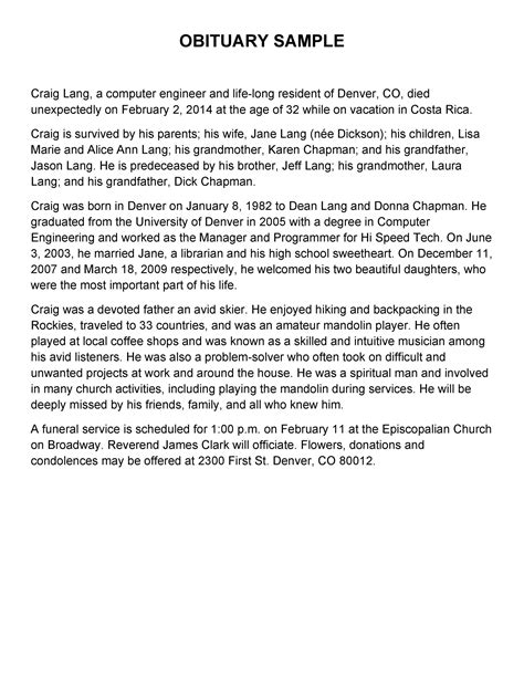 Sample obituary for unexpected death
