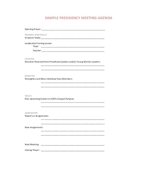 Sample presidency meeting agenda. Digital download. Digital file type (s): 2 PDF, 2 other files. These elegant Relief Society agenda templates make planning easy! Just print out some blank ones and keep them in your binder or use the DOCX file to type your notes ahead of time. We have used these in my ward for a while and love them, but since I realize every presidency's needs ... 