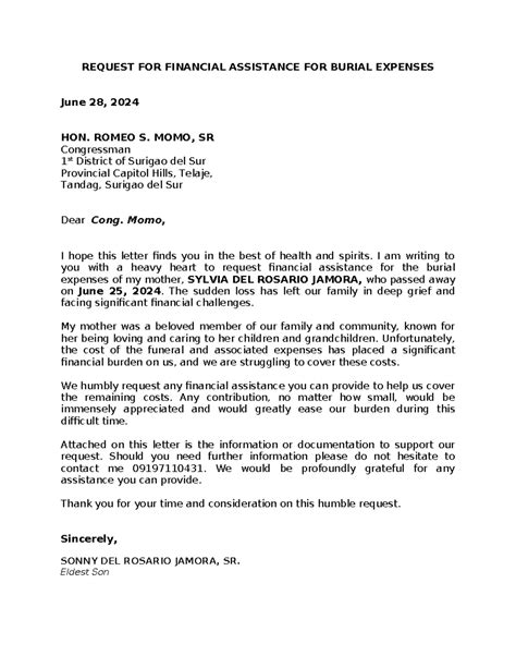 Sample request letter for burial assistance.  Thankfully, SSS members’ lo...