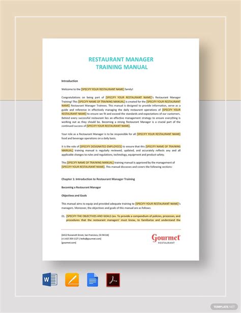 Sample restaurant manger in training manual template. - Bsbmgt402a implement operational plan learner guide.
