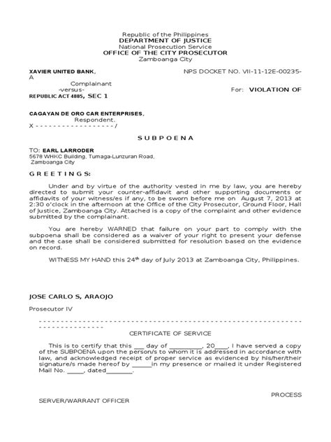 Sample subpoena. pdf), Text File (.  This document is a subpoena issued ...