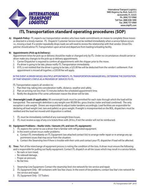 Sample transportation policy and procedures.  ITL Transportation standard...