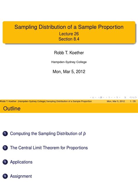 Sampling distribution of proportion example.  This document discusses various...