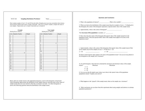Sampling distribution worksheet.  (b) Fill in the table below using the data f...
