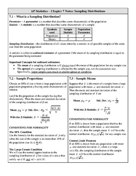 Sampling distribution worksheets.  AP Statistics Chapter 7 Practice FR T...