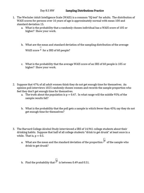 Sampling distribution worksheets.  The Wechsler Adult Intelligence Scale (WAI...