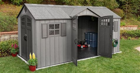 Sams outdoor storage. The sturdy powder-coated steel and high-density polyethylene construction let this Lifetime rough-cut dual-entry outdoor storage shed hold up against harsh weather conditions. The weather-resistant construction keeps stored belongings dry during storms, resists sun exposure without cracking or fading, and stands up to winds up to 65mph. 