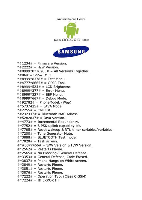 I tested some of the codes on the Samsung Galaxy