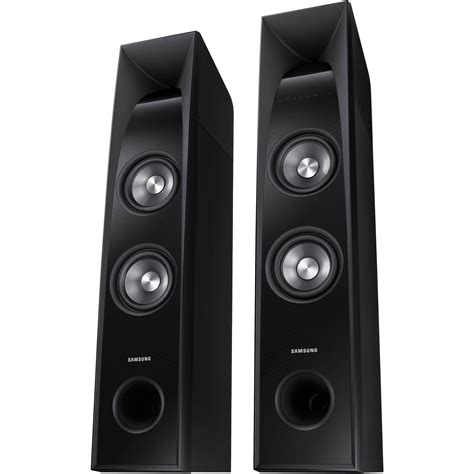 Samsung tower speakers. A floorstanding speaker with 240 watts of power, built-in battery, IPX5 rating, and party lights. Connect two smart devices simultaneously, group up to 10 sound towers, and use the Sound Tower app for more features. 