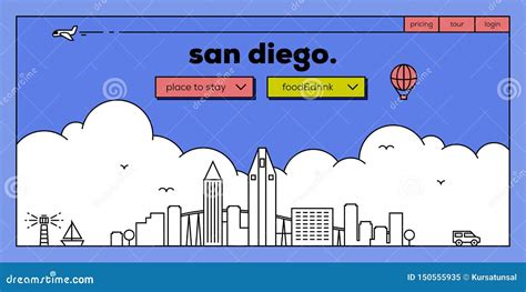 San Diego Modern Web Banner Design with Vector Linear Skyline Stock