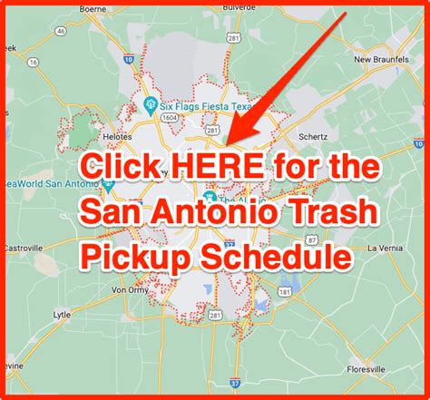 San antonio city trash pickup schedule. Feb 5, 2024 · Check the City’s holiday collection schedule each year for exact impacts to trash and recycling pickup. Bag and Cart Limits. The City of San Antonio allows each household to place up to 10 bags or cans of garbage on the curb each week. Make sure to flatten boxes and do not jam items to allow the lid to close. 