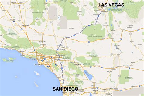 Re: best driving route from San Diego to Las Vegas. 8 years ago. Yes the trip through Palm Springs, Joshua Tree, Amboy, and Mojave Preserve will be more interesting, it is just not direct and is best done IMO with an over night stay in Palm Springs or 29 Palms. If you want direct take 15 north to Las Vegas. 5 hours with a short stop.