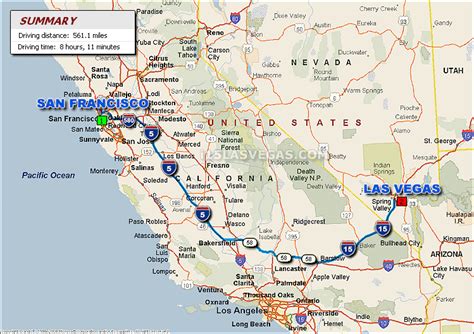 The total driving distance from San Francisco, CA to Las Vegas, NV is 571 miles or 919 kilometers. Each person would then have to drive about 286 miles to meet in the middle. It will take about 4 hours and 25 minutes for each driver to arrive at the meeting point. For a flight, the straight line geographic midpoint coordinates are 37° 1' 40" N .... 