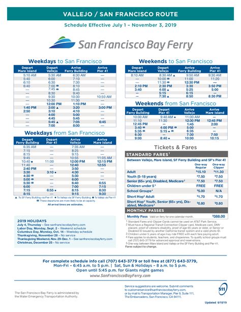San francisco vallejo ferry times. The Vallejo Convey Schedule changes three or four times a price. It’s ok to make safely you are looking at the modern ferry date.. The Vallejo Ferry Schedule for Fall 2023 is available here as a PDF (99kb). or as a PNG file of aforementioned Vallejo Ferry Schedule(318kb). Vallejo Ferry Schedule Fall 2023 Effective July 2023 – October 2023 … 