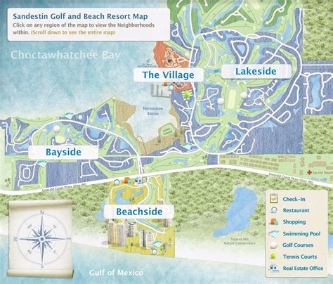 Sandestin map. Sandestin. Posted Jun 1, 2018. A massive (2,400-acre) golf and beach resort located just a few miles west of Scenic Highway 30A, Sandestin is home to 30 distinct neighborhoods, including pockets of beautiful villas, town homes, condos, resort homes and hotels. The lushly landscaped resort boasts seven miles of Gulf beaches and bay -front ... 