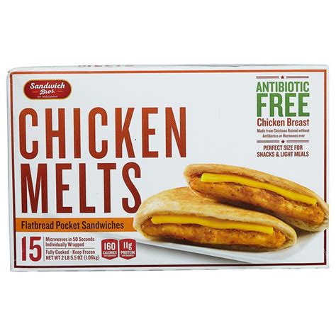 Sandwich bros chicken melts. Keep the 6 count box frozen until ready to prepare. One 6 ct box of Sandwich Bros. Chicken Melt Flatbread Sandwiches. Chicken flatbread frozen sandwiches that are fast and easy to prepare. Made with all-white chicken breast and real cheese for mouthwatering taste. Prepare the frozen sandwiches in the microwave in 1 minute. 