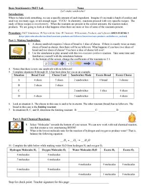 Sandwich stoichiometry answer key. Create your own sandwich and then see how many sandwiches you can make with different amounts of ingredients. Do the same with chemical reactions. See how many products you can make with different amounts of reactants. Play a game to test your understanding of reactants, products and leftovers. Can you get a perfect score on … 