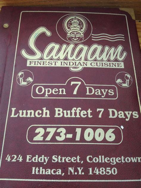 All info on Sangam Indian Curry & Spice in Ithaca - Call to book a table. View the menu, check prices, find on the map, see photos and ratings. Log In. English . Español . ... Restaurant menu. Frequently mentioned in reviews. takeaway lunch. salads. Ratings of Sangam Indian Curry & Spice. Zomato. 3.3 / 5. 14 .. 