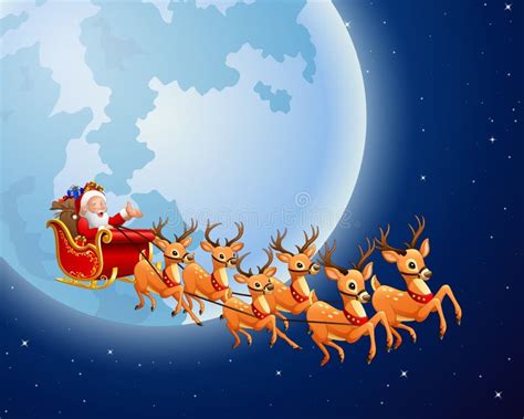 Santa Claus rides reindeer sleigh against a full moon background