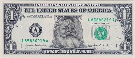 Santa dollar bill 1988. Text on the $1,000,000,000 dollar bill reads ‘This note affirms the strong resolve inherent in an enterprising people to maintain freedom, justice, and prosperity for all.”. Whatever that means. It also contains the (important) words ‘non-negotiable’, meaning the legal tender value is zero. In summary: Banknotes of one million and one ... 