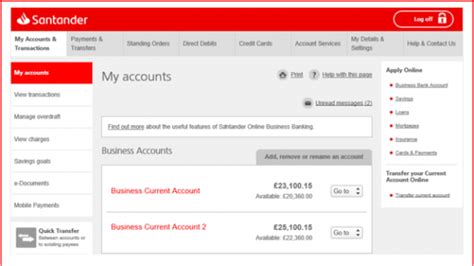 Santander company account. Products and services. Current accounts with 24-hour online access, plus telephone and Post Office counter banking. Deposit accounts including instant access, notice and fixed term accounts. Loans and overdraft facilities for established organisations. International Payments and Foreign Exchange Services. 