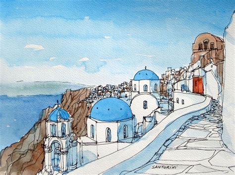 Santorini by Andre Vogy Watercolor Architecture, Architecture Sketch