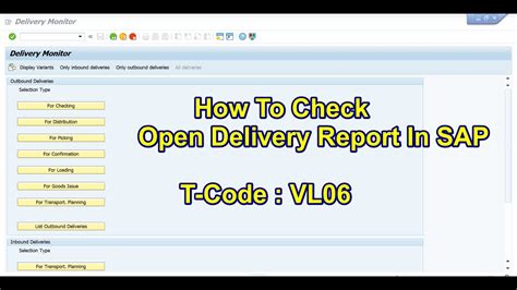 Here is a list of possible Tcode to display outbound delivery related transaction codes in SAP. You will get more details about each transaction code by clicking on the tcode name. Tcode to display outbound delivery Transaction Codes List. DELG1. Tcode for Edit Outbound Delivery Groups. Program :. 