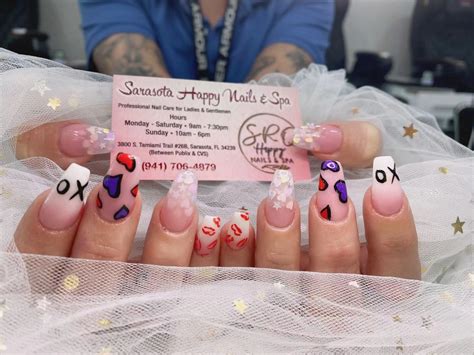 Sarasota happy nails. Nail art is a fashion trend of decorating nails with patterns, stickers and appliques. These embellishments are usually added to polished nails for interest and effect. Nail art is... 