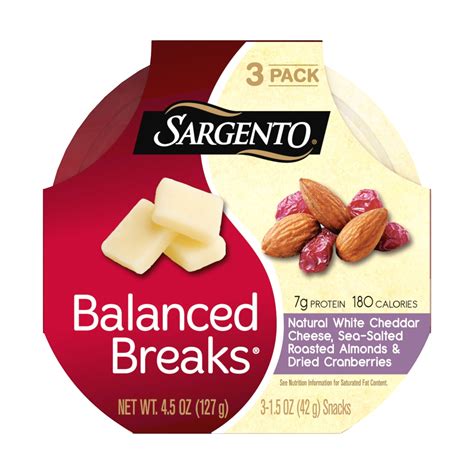Sargento balanced breaks. These Sargento® Balanced Breaks® snacks combine Gouda Natural Cheese, Natural Sharp Cheddar Cheese and whole grain wheat crackers, perfect on the go Each serving provides 8 grams of protein and 170 calories (See nutrition info for saturated fat content.) 