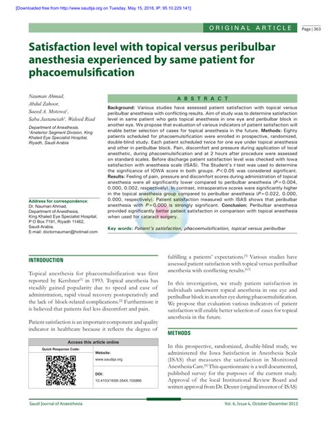 Satisfaction level with topical versus peribulbar anesthesia ...