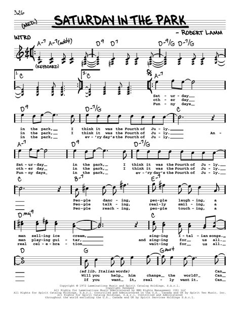 Saturday in the park song. Oct 29, 2019 · "Saturday in the Park" is a song written by Robert Lamm and recorded by the group Chicago for their 1972 album Chicago V. I've expanded from the original three horn lines so that a full 17-piece big band can enjoy playing this toe-tappin' number! 