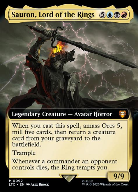 Sauron commander deck. EDH Sauron Reanimator by Sonus. Report Deck Name. $ 77 .79. 26 .51 tix. 6 Mythic, 35 Rare, 19 Uncommon, 18 Common. Format: Commander User Submitted Deck Deck Date: Jun 20, 2023 Archetype: Sauron, Lord of the Rings. Deck Page Visual View Stream Popout Edit. Edit Copy. Download Dropdown Toggle Download Registration … 