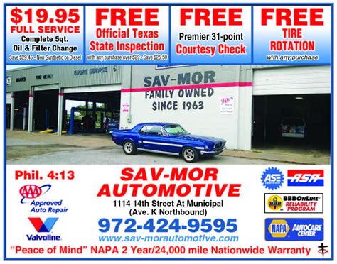 Sav mor auto. Sav-Mor Automotive: Family owned and operated since 1963. Find out more about our quality, trusted Brake Repair in Plano, TX at our shop Sav-Mor Automotive. Schedule an auto appointment and call 972-424-9595 today! 