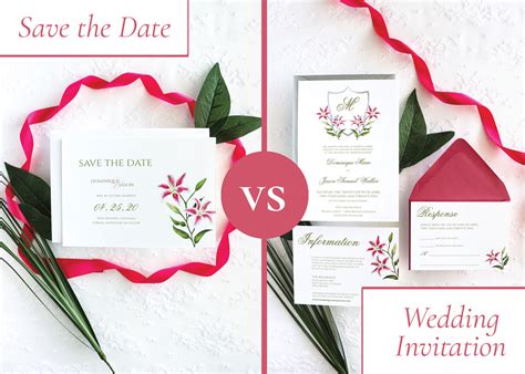 Save the date vs invitation. The difference between a Save the Date vs invitation can best be illustrated by the weight and size of a single Save the Date postcard compared with the average mailed wedding invitation. The wedding invite is heavier and contains more information in comparison to a simple and light Save the Date. 