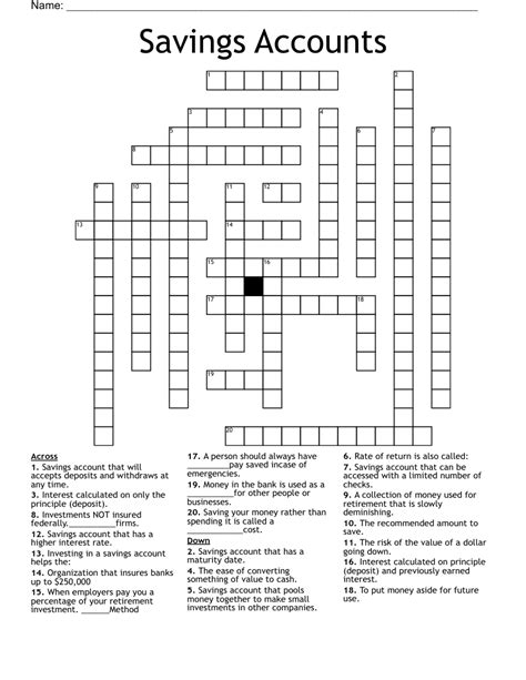 Savings account addition for short crossword. The Crossword Solver found 30 answers to "One with savings accounts?", 4 letters crossword clue. The Crossword Solver finds answers to classic crosswords and cryptic crossword puzzles. Enter the length or pattern for better results. Click the answer to find similar crossword clues. 