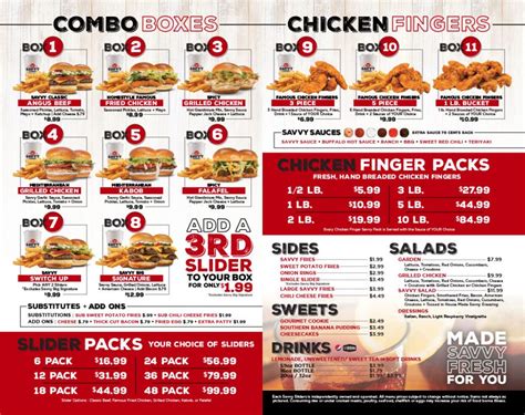 View Savvy Slider in Okemos. Menu Highlights: Crispy Chicken Salad, Chicken Fingers (3 Pc), Savvy Wings (8 Pc), Box #1 - Classic Angus Beef, Kid's Slider Meal. ... Savvy Slider is located at 3464 Okemos Rd in Okemos, MI - Ingham County and is listed in …. 