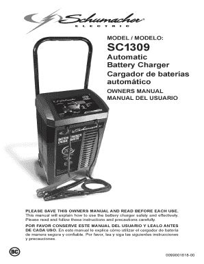 Sc1309 manual. Select the battery type and charge rate. •5• 9. When charging is complete, disconnect the charger from the AC power, remove the clamps from the vehicle’s chassis, and then remove the clamp from the battery terminal. CHARGING A BATTERY OUTSIDE OF THE VEHICLE 1. Place battery in a well-ventilated area. 
