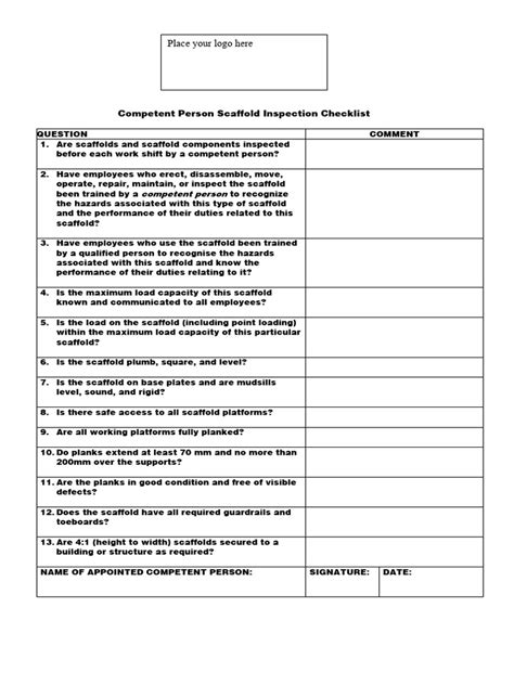 Scaffolding inspection checklist osha.  Signature of Designated Competent Person: ___...