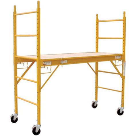 This utility scaffolding has a unique, patent-pending feature. It?s a telescoping tool shelf and handrail, which are height adjustable depending on the users need. Set them waist-high when using the unit at it?s maximum platform setting of 50 inches, keeping tools easily accessible. It comes with a set of base adapters that increases the footprint of the scaffold unit. This, in combination .... 