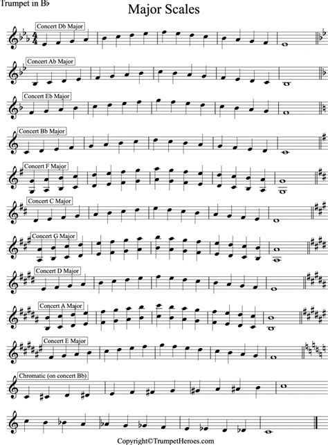 Scale on trumpet. This PDF is 2 pages and includes the chromatic scale along with a trumpet fingering chart. These are the scales and arpeggios that every beginner trumpet ... 