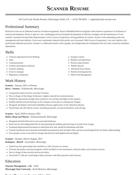 Scan resume. Let Zety help you out. Our state-of-the art Resume Check algorithm will automatically scan your resume for grammar, spelling, and punctuation errors. Plus, you’ll get tips for what skills and keywords to mention to get through resume screening software, and some extra advice on how to best phrase every sentence. 