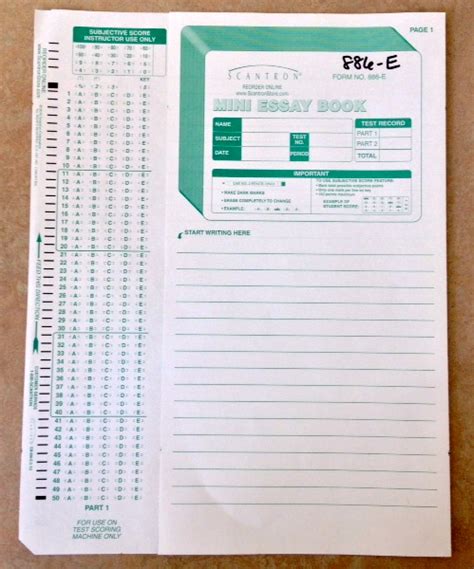 Scantron 886-e near me. Scantron Form 886 E. s k u 84437. Be the First to Write a Review of this Product. $0.88. Form size 8 12 x 11 2 sided 100 Questions 5 Response Choice (A E) Subjective Score Feature Four Essay Pages (6 x 11). Use with Item Analysis Form 9700. Compatible with 888P 888P and Scantron Score. 
