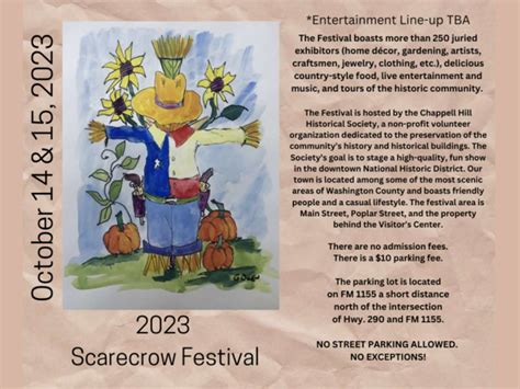  THE CHAPPELL HILL HISTORICAL SOCIETY SCARECROW Festival Saturday, October 9, 2021, 9-6 Sunday, October 10, 2021, 10-5 APPLICATIONS DUE October 4, 2021 Chappell Hill Historical Society Festivals PO Box 547 Chappell Hill, TX 77426 979.203.1242 Chappellhillfestivals@gmail.com Chappell Hill, TX 77426 Chappell Hill, TX 77426 Chappell Hill, TX 77426 . 