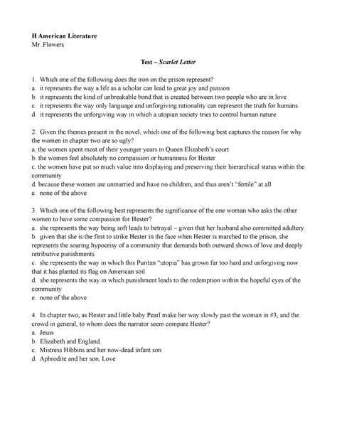 Scarlet Letter Test Questions And Answers